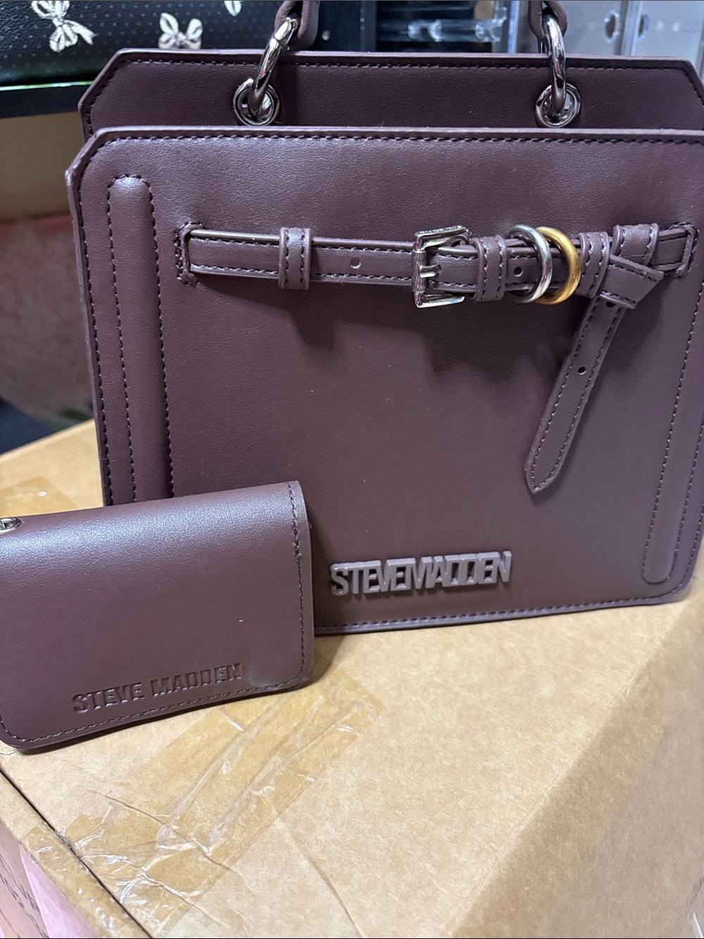 Steve Madden Brown Satchel with Belt-Detail and Card Wallet